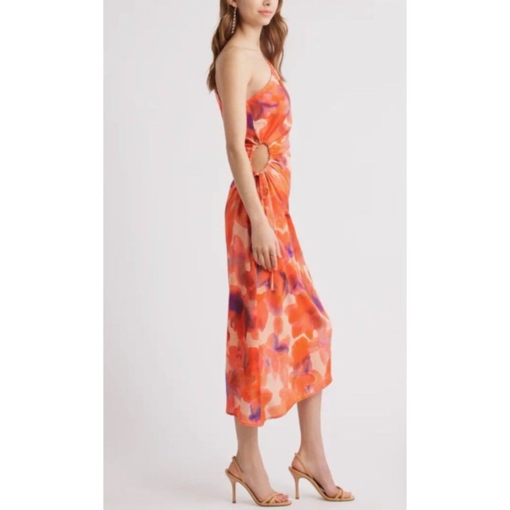 Chelsea28 Midi Dress L Large Purple Orange Pink Floral Linen One Shoulder - Picture 6 of 13